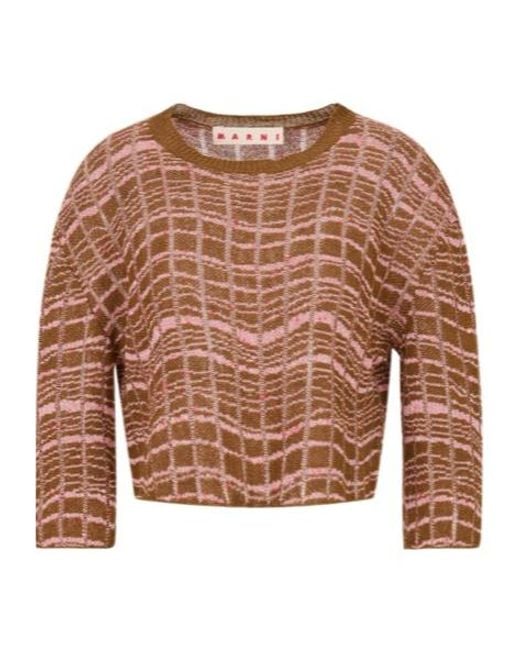 Marni Brown Ribbed Linen Jumper With Wavy Pattern