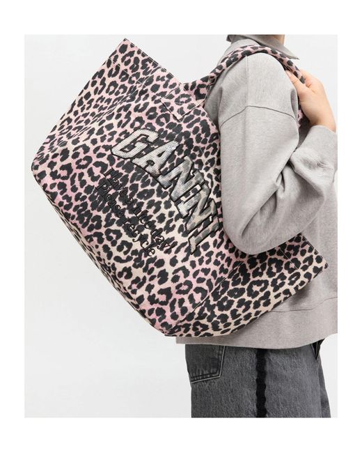 Ganni Black Leopard Printed Medium Tote Bag