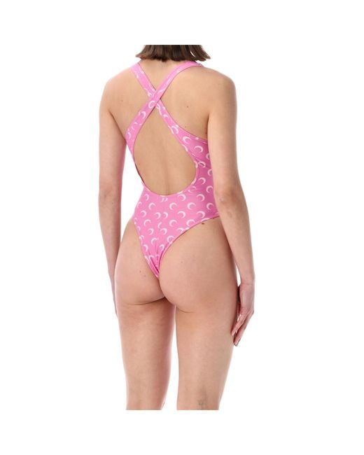 MARINE SERRE Pink Moon Print One-Piece Swimsuit