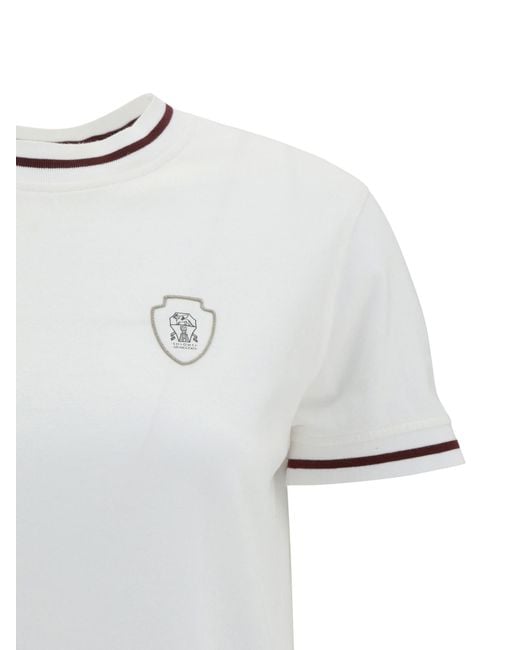 Brunello Cucinelli White Logo Printed Crewneck T-Shirt