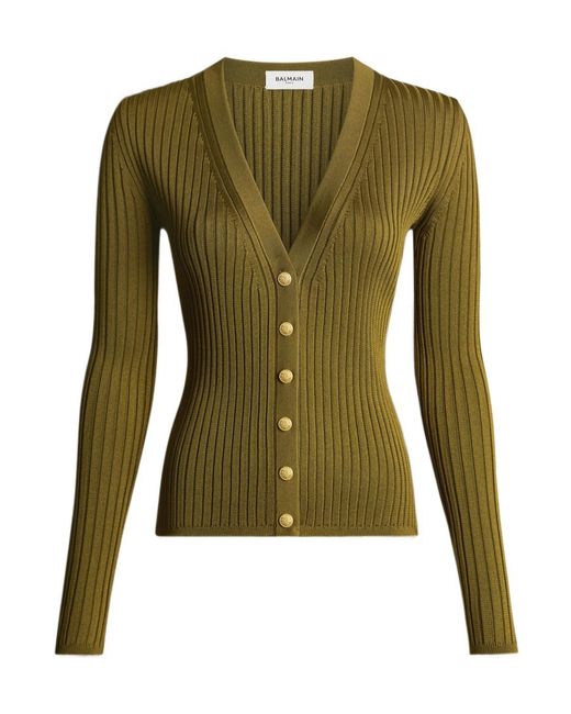 Balmain Green Buttoned Ribbed Knit Cardigan