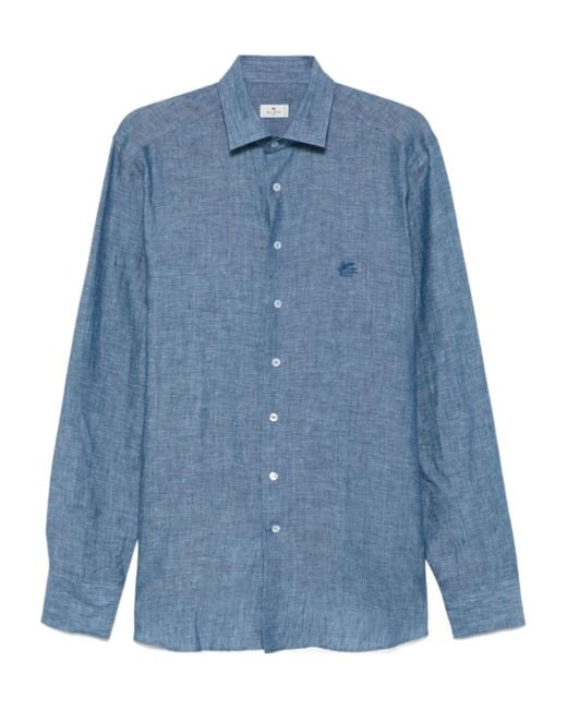 Etro Blue Logo Embroidered Long Sleeved Shirt for men