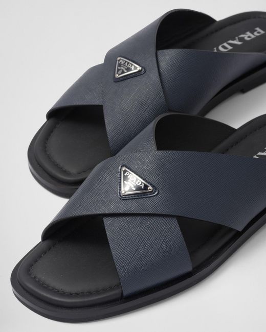 Prada Blue Saffiano Leather Crisscross Slides for men