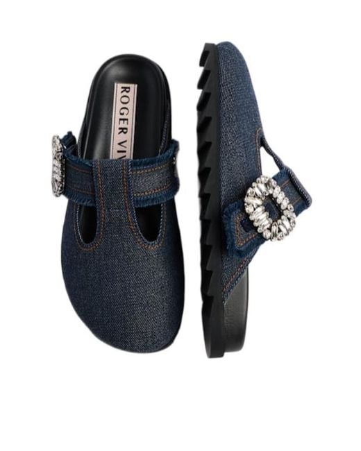Roger Vivier Blue Slidy Viv Denim Mules