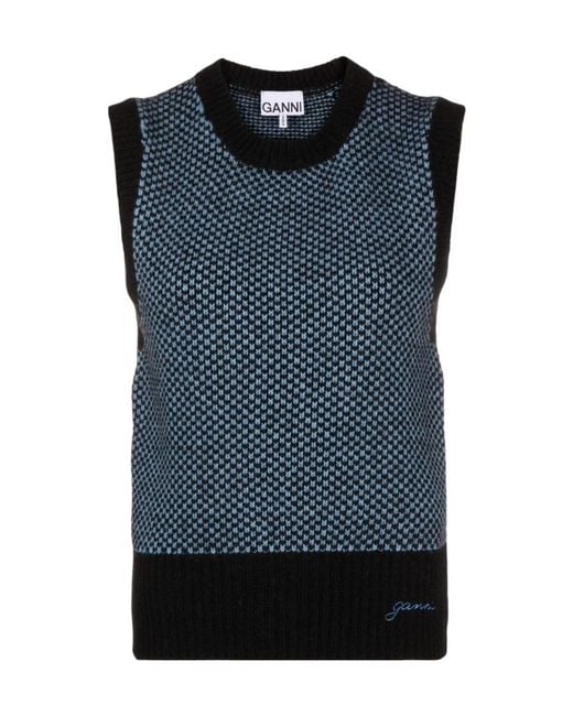 Ganni Blue Logo-Embroidered Knit Vest