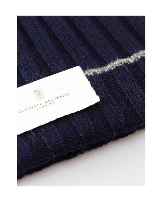 Brunello Cucinelli Blue Turn-Up Brim Ribbed Beanie for men