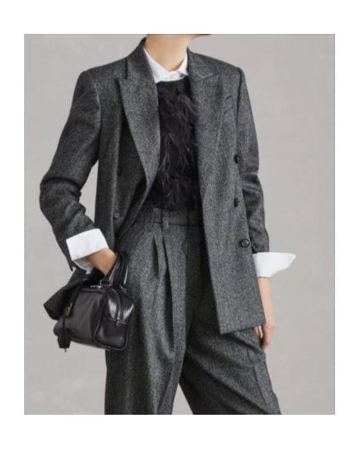 Brunello Cucinelli Gray Herringbone Motif Double-Breasted Blazer