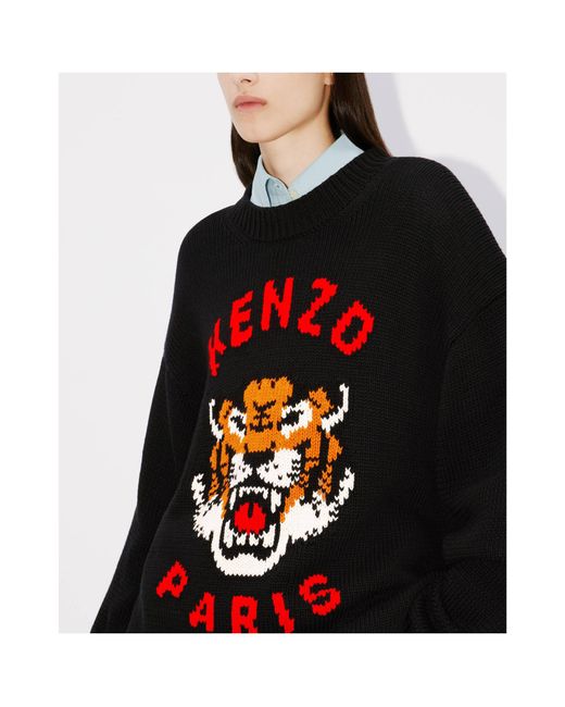 KENZO Black Lucky Tiger Crewneck Knitted Jumper for men