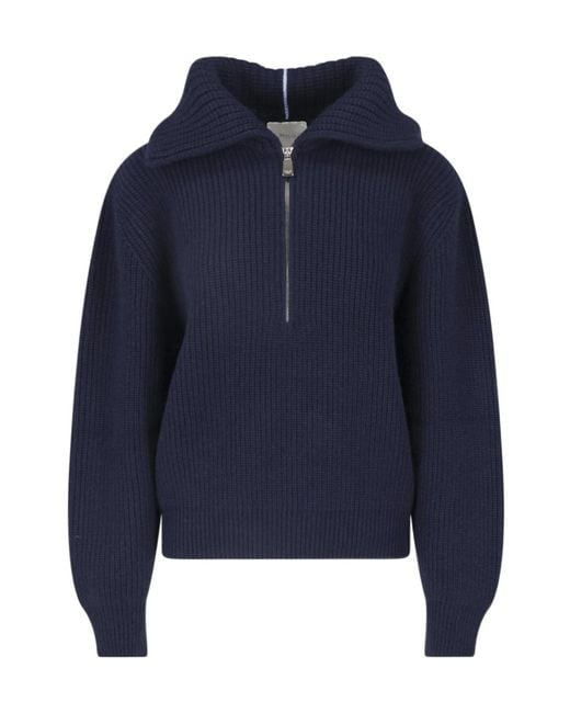 Malo Blue Ribbed Half-Zip Knitted Sweater