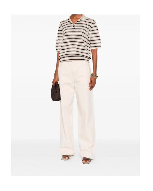 Brunello Cucinelli White Striped Knit Polo Top