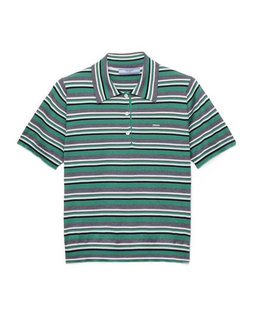 Prada Green Short-Sleeved Striped Cotton Polo Shirt