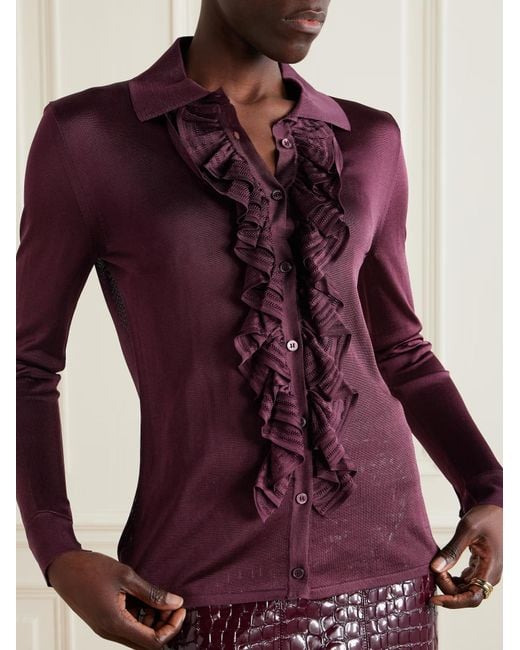 Tom Ford Purple Ruffle-Embellished Fine-Knit Shirt