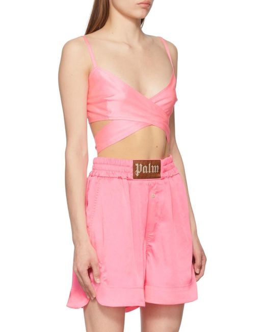 Palm Angels Pink Crossover-Strap Satin Top