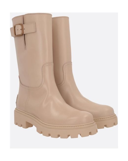 Tod's Natural Buckle-Detailed Round-Toe Boots