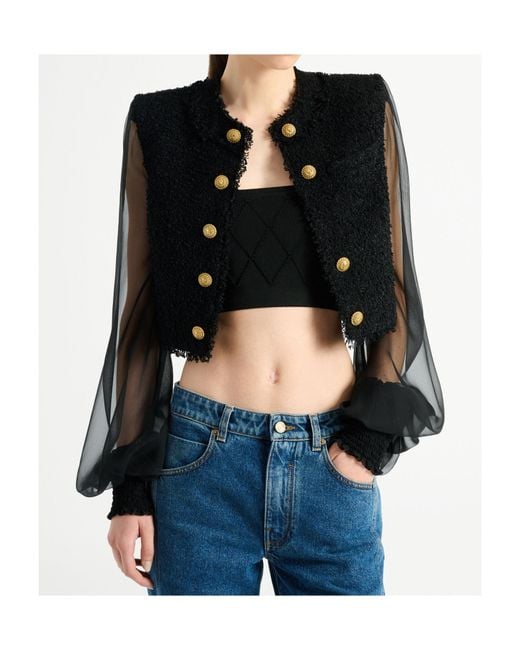 Balmain Black Cropped Tweed Muslin Jacket