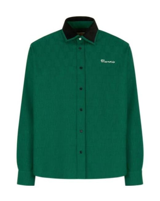 Marni Green Jacquard Wool Shirt With Geometric Motif for men