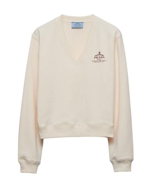 Prada White Cotton V-Neck Sweatshirt