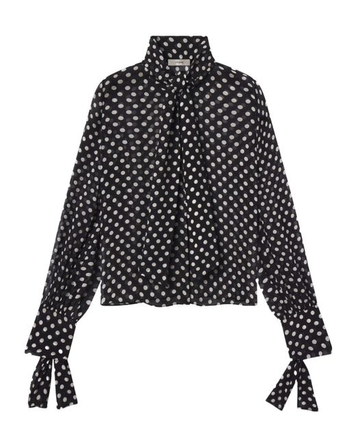 FRAME Black Tie-Neck Polka-Dot Top