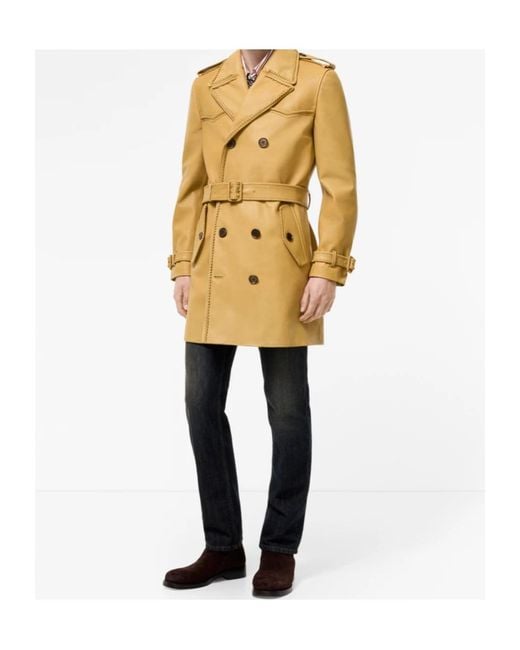 Burberry Yellow Mid-Length Leather Leverton Trench Coat for men