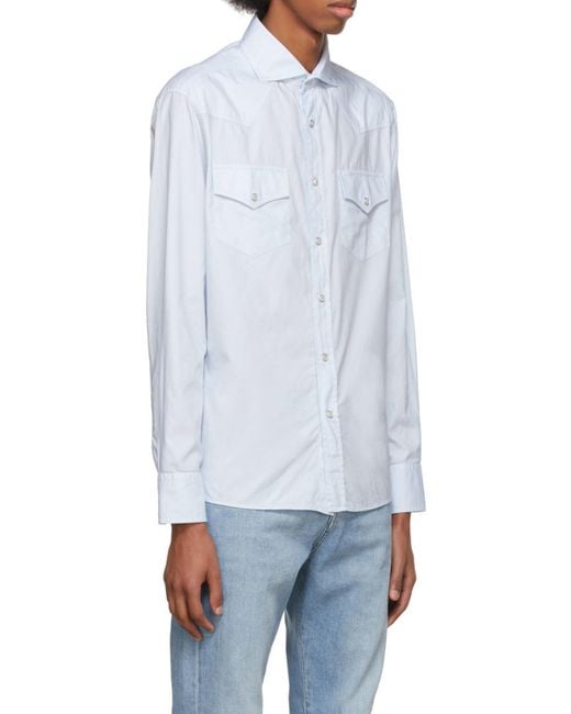 Brunello Cucinelli Blue Flap Pockets Buttoned Shirt for men