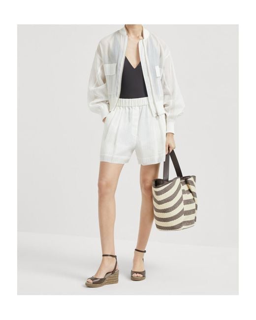 Brunello Cucinelli White Striped Bomber Jacket