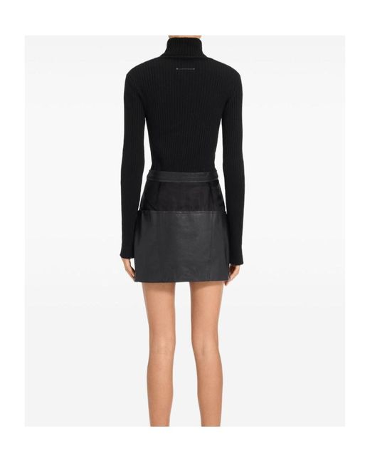 MM6 by Maison Margiela Black Leather Panelled Mini Straight Skirt