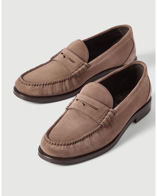 Brunello Cucinelli Brown Suede And Grained Calfskin Penny Loafers for men