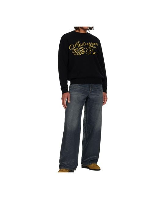 ANDERSSON BELL Black Rose-Shaped Crew Neck Sweater for men