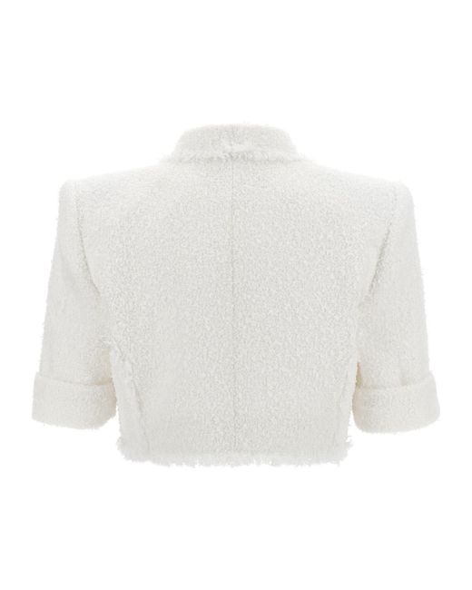 Balmain White Cropped Bouclé Tweed Jacket