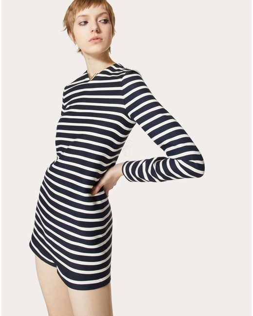 Valentino Black Logo Plaque Striped Crewneck Jumpsuit