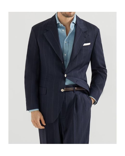 Brunello Cucinelli Blue Virgin Wool Chalk Stripe Tailor Blazer for men