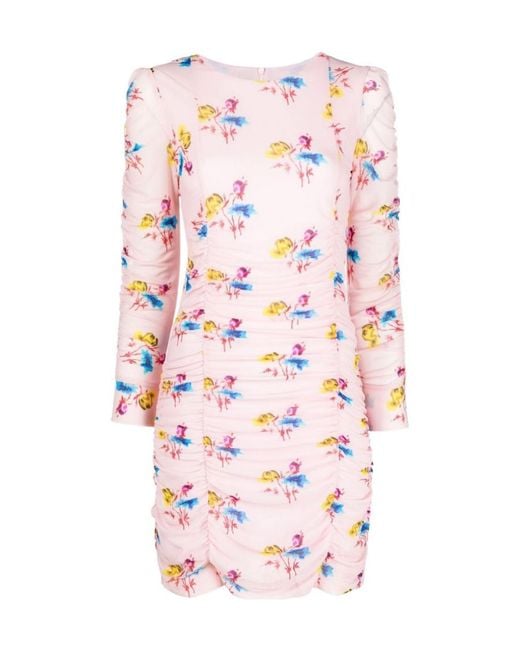 Ganni White Ruched Mesh Floral-Print Mini Dress