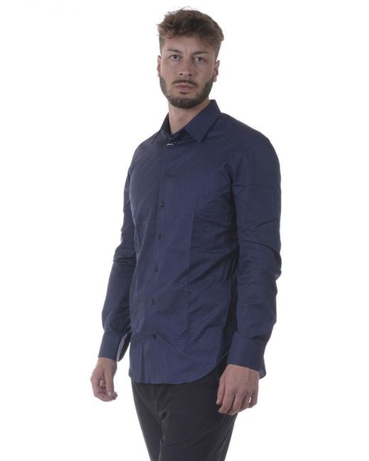 Armani Collezioni Blue Cotton Long-Sleeved Shirt for men