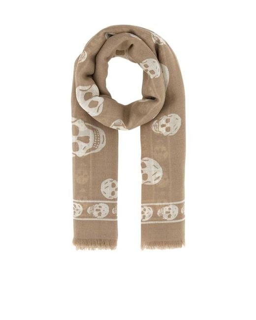 McQueen Natural Skull Printed Fringed Edge Scarf