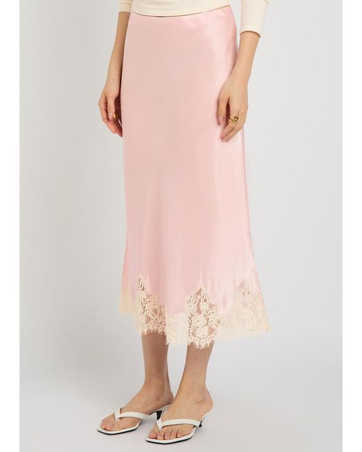 Reformation Pink Carolina Lace-Trim Silk Skirt