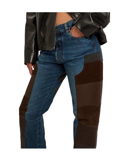 Versace Blue Leather And Suede Patchwork Straight-Leg Jeans