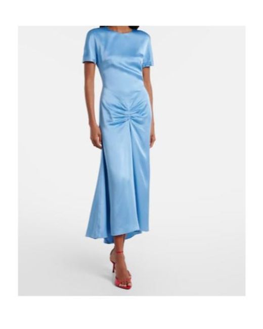 Victoria Beckham Blue Gathered Satin Midi Dress