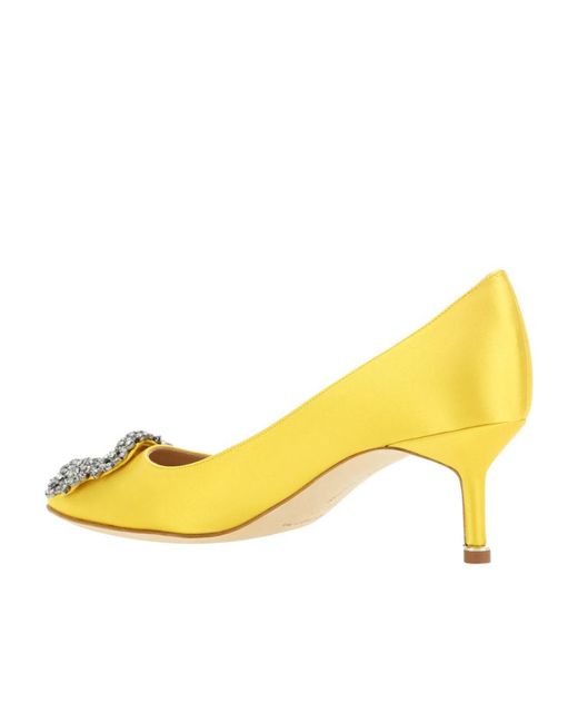 Manolo Blahnik Yellow Hangisi Embellished Satin Pumps