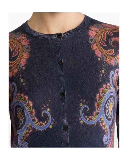 Etro Blue Silk And Cashmere Cardigan With Placed Paisley Print