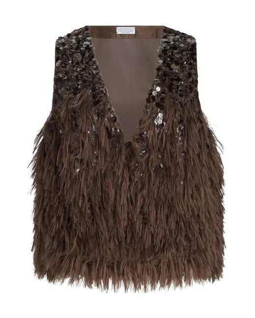 Brunello Cucinelli Brown Sequin Fringed Vest