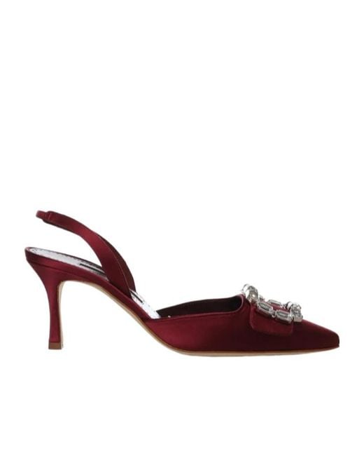Manolo Blahnik Red Buckle-Embbellished Slingback Heeled Pumps