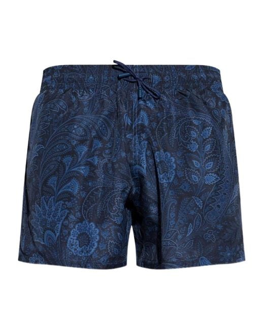 Etro Blue Paisley Printed Drawstring Swim Shorts for men