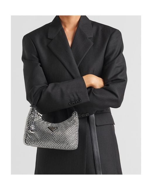 Prada Gray Re-Edition Mini Satin Bag With Crystals