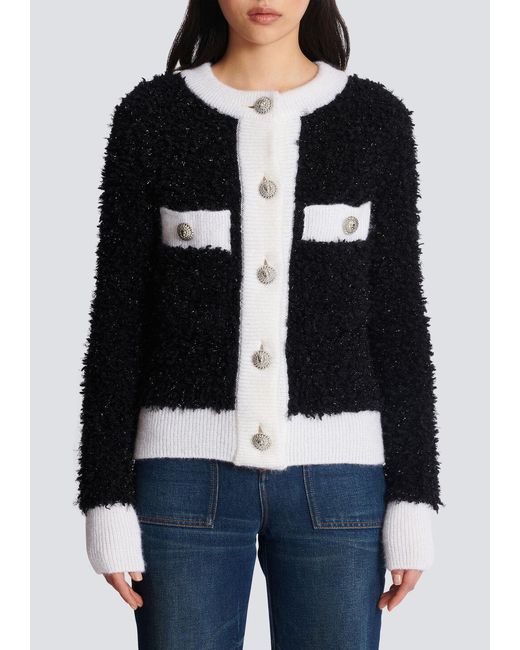 Balmain Black Glitter Detailed Contrasted Trim Cardigan