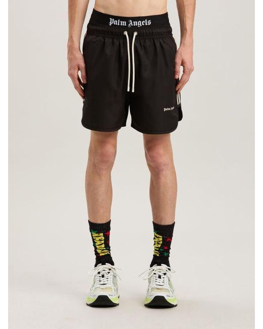Palm Angels Black Logo Printed Drawstring Swim Shorts for men