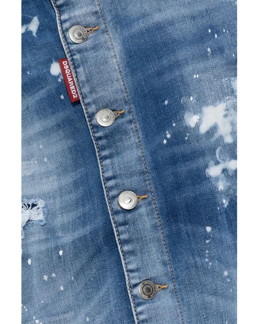 DSquared² Blue Distressed Denim Midi Skirt