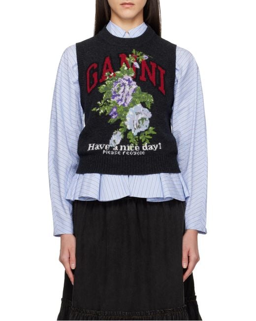 Ganni Black Logo Printed Sleeveless Jumper