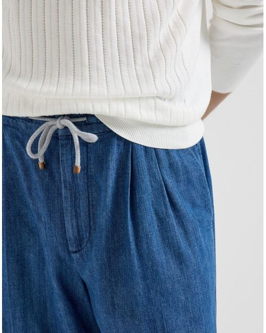 Brunello Cucinelli Blue Double Pleats Lightweight Denim Trousers for men
