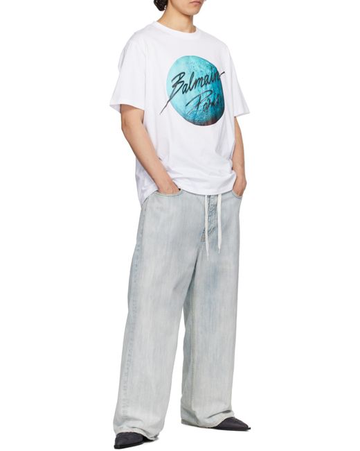 Balmain White Printed Paris Logo And Planet T-Shirt for men