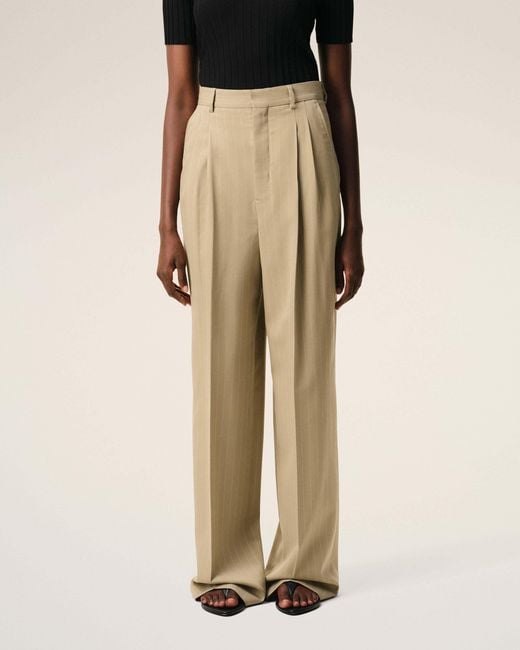 AMI Natural Ami Pinstripe Pleated Wide-Leg Pants